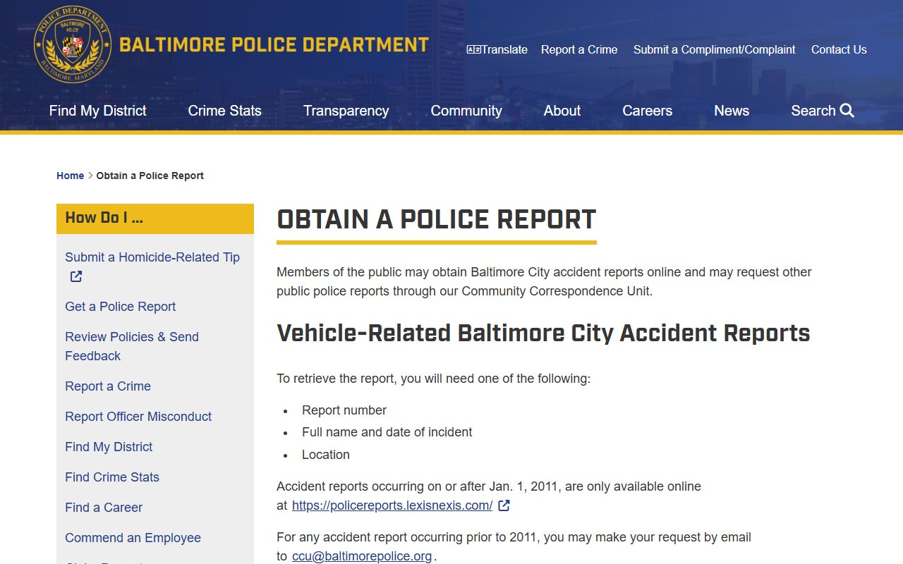 Baltimore Police obtain police report page for people search