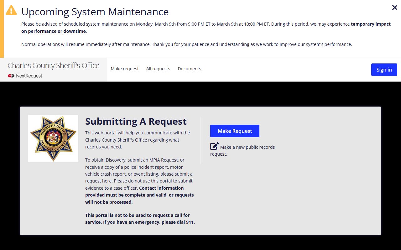 Charles County NextRequest portal for people search records