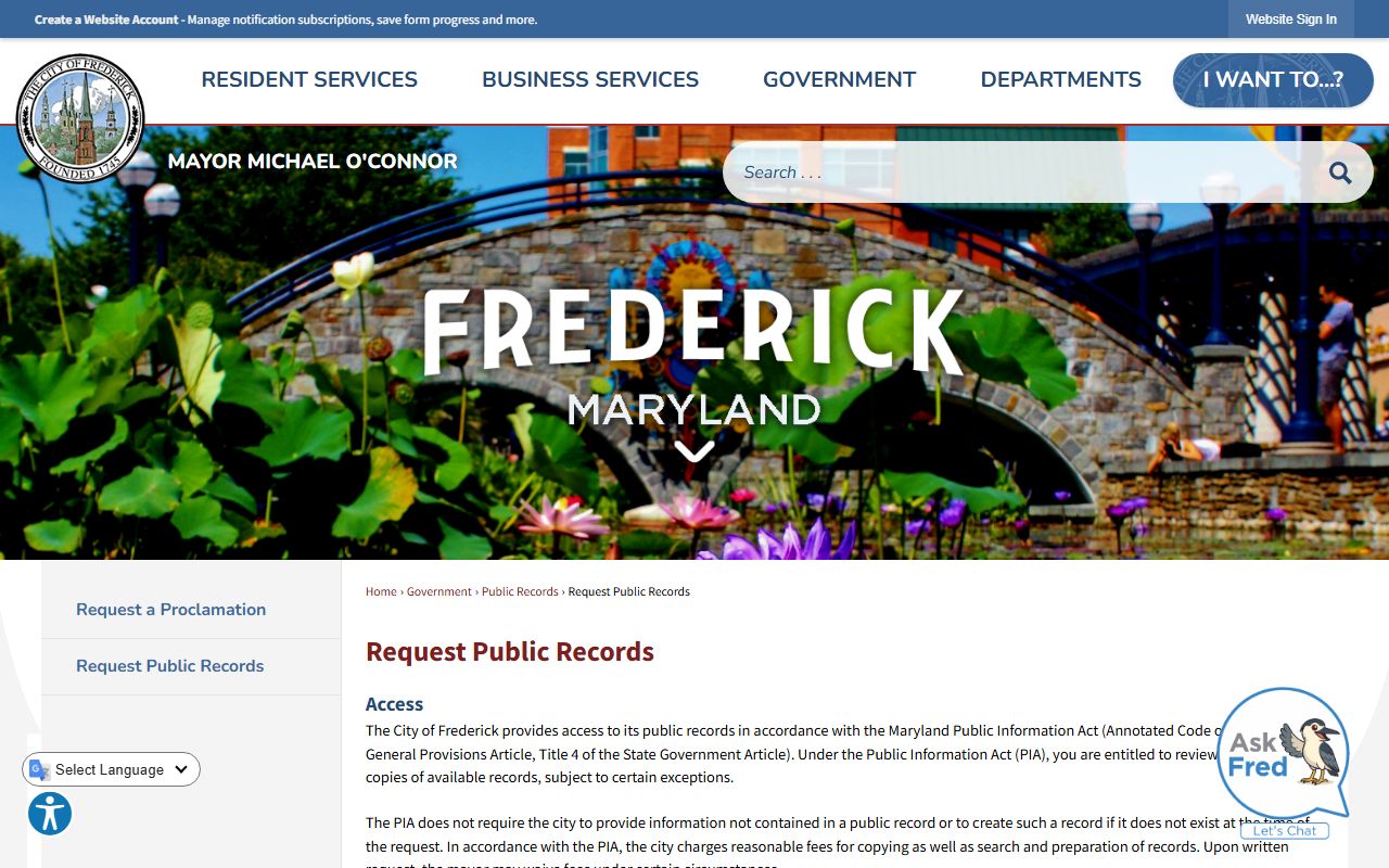 City of Frederick public records request page for people search