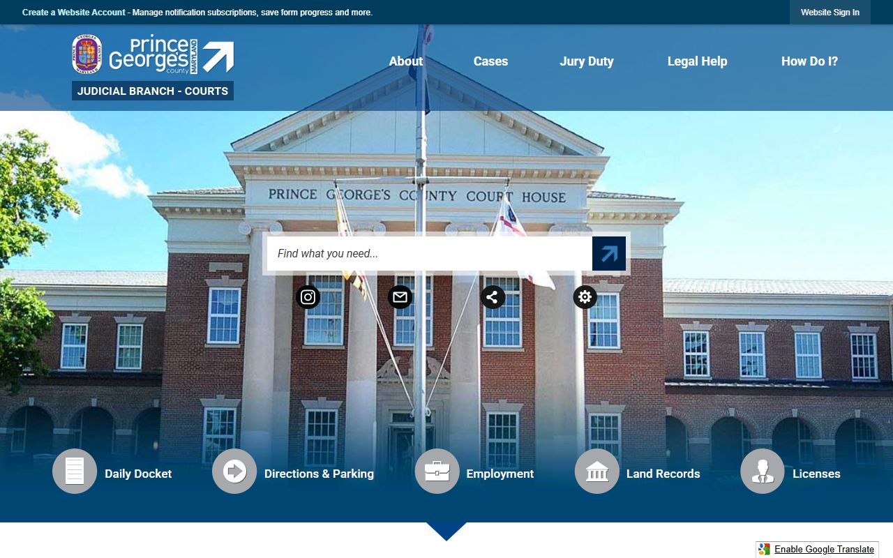 Prince George's County courts homepage for people search records