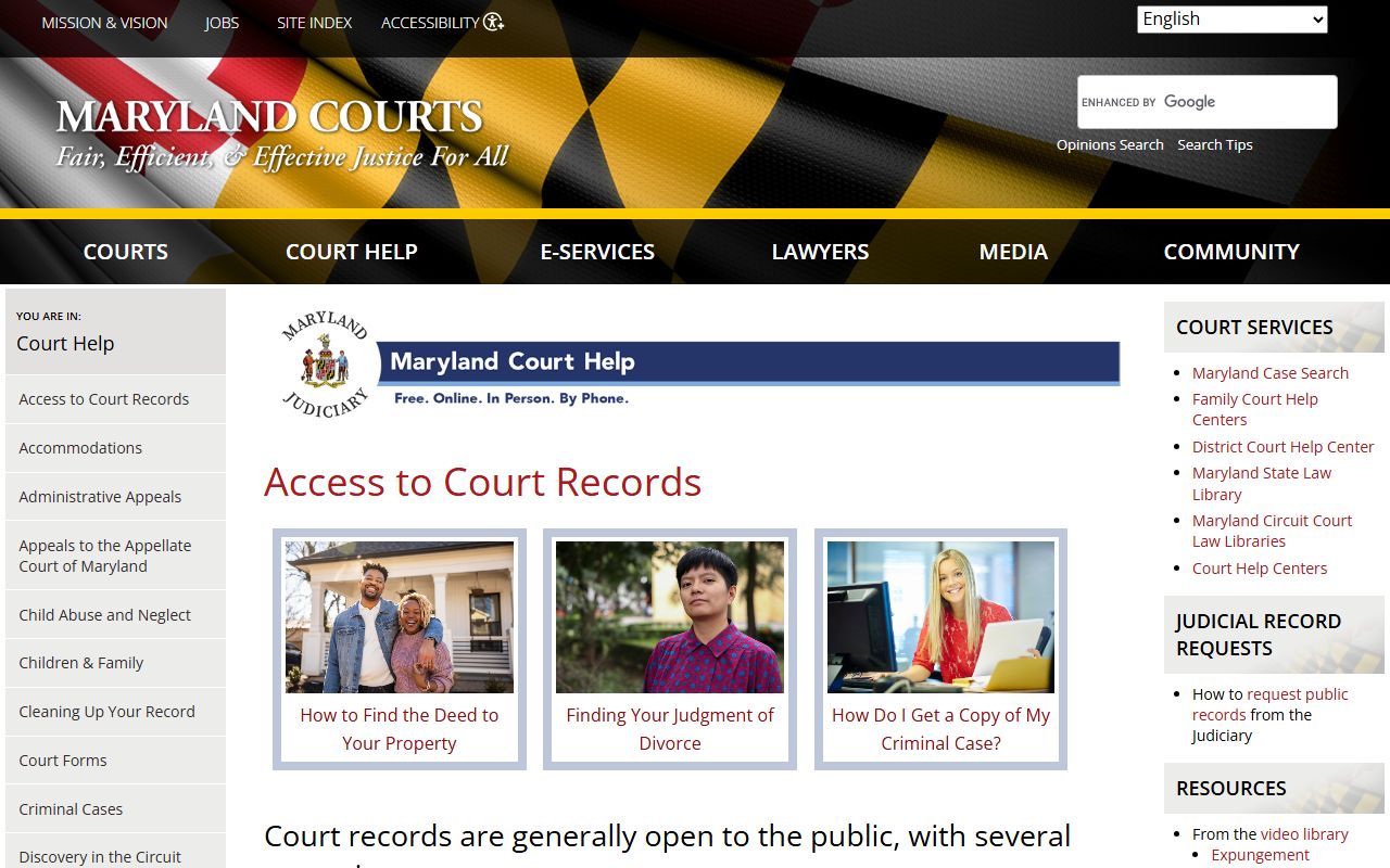 Maryland courts information page for people records access